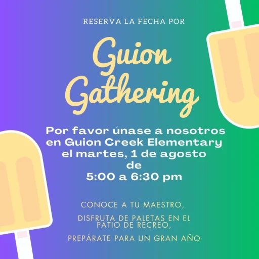 Kerose12's tweet photo. @GuionGators, it’s getting closer to the start of school! Please make sure your child is registered for the upcoming school year. I hope to meet everyone August 1st for our Guion Gathering! https://t.co/pZa7FCqdei