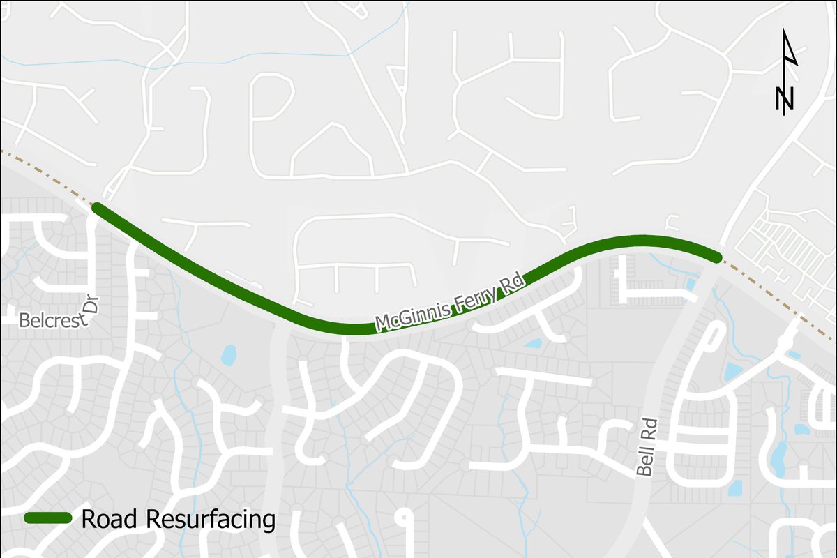 Crews will begin repaving McGinnis Ferry Road from Belcrest Drive to Bell Road on Sunday, July 23, from 9 p.m. to 5 a.m. Motorists can expect one eastbound lane closure on McGinnis Ferry Road. Construction is expected to be completed by Friday, July 28, weather permitting.