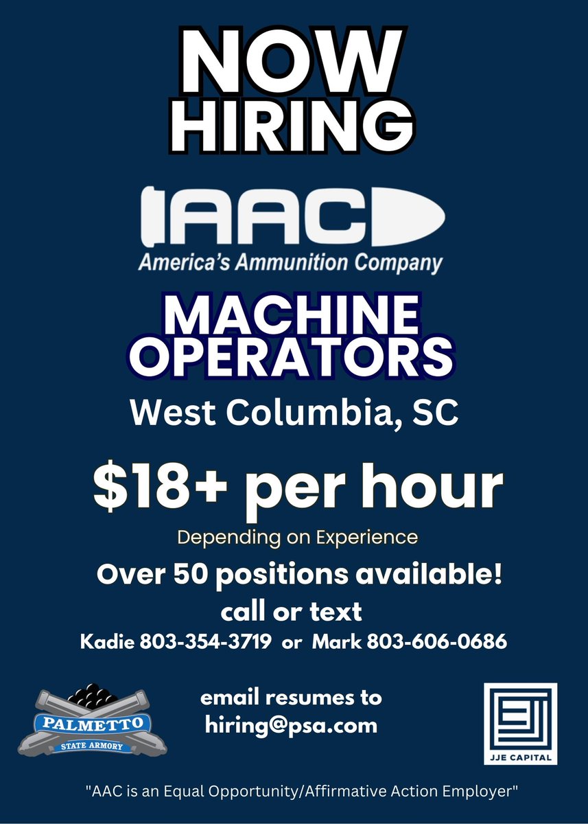 PsaCareers's tweet photo. If you are looking for a new career, let AAC put you to work now.
Call or text
- Mark at 803-606-0686
- Kadie at 803-354-3719
email resumes to hiring@psa.com or apply online at https://t.co/bJs8ureOjB #southcarolinajobs #MachineOperators #midlands #hiring @palmettoarmory https://t.co/8KojTspUNf