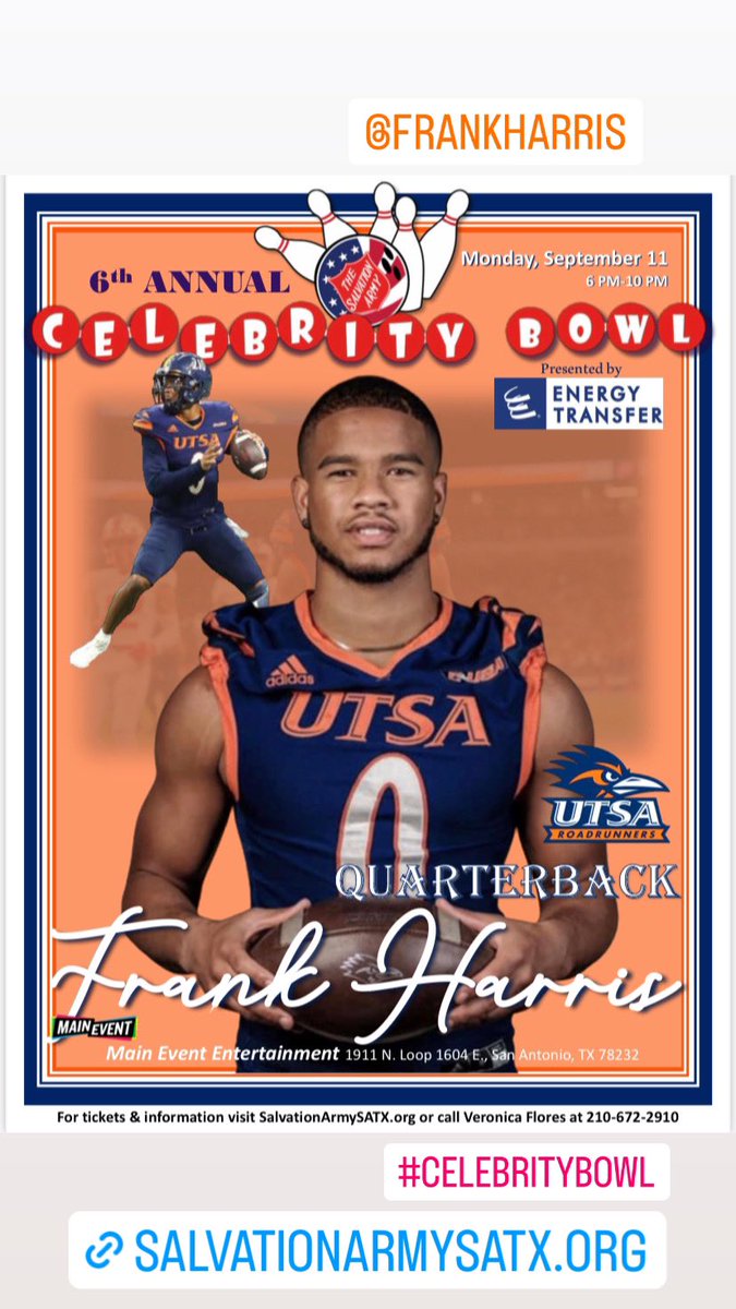 Proud to welcome @UTSAFTBL Quarterback @thefrankharris back to our annual #CelebrityBowl on Sept. 11.  Celebrity Bowl, is once again presented by  @EnergyTransfer and takes place from 6 pm to 10 pm @MyMainEvent (281/1604). SalvationArmySATX.org or  210-672-2910.