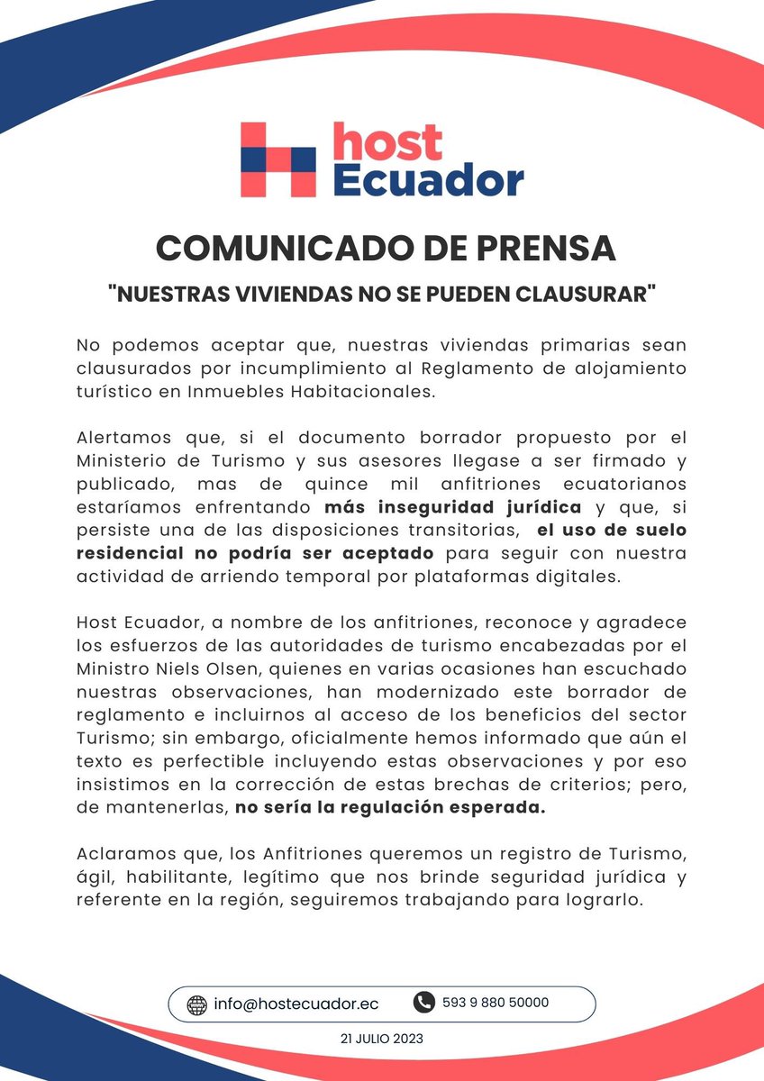 AnfitrionesEc's tweet photo. Estamos preocupados, “Nuestras viviendas no se pueden clausurar” 
#SoyAnfitrion 

@TurismoEc @Expresoec @janethinostroza @EcuavisaInforma @luisesgo @LaPosta_Ecu @Airbnb https://t.co/rqOWCn7hG0