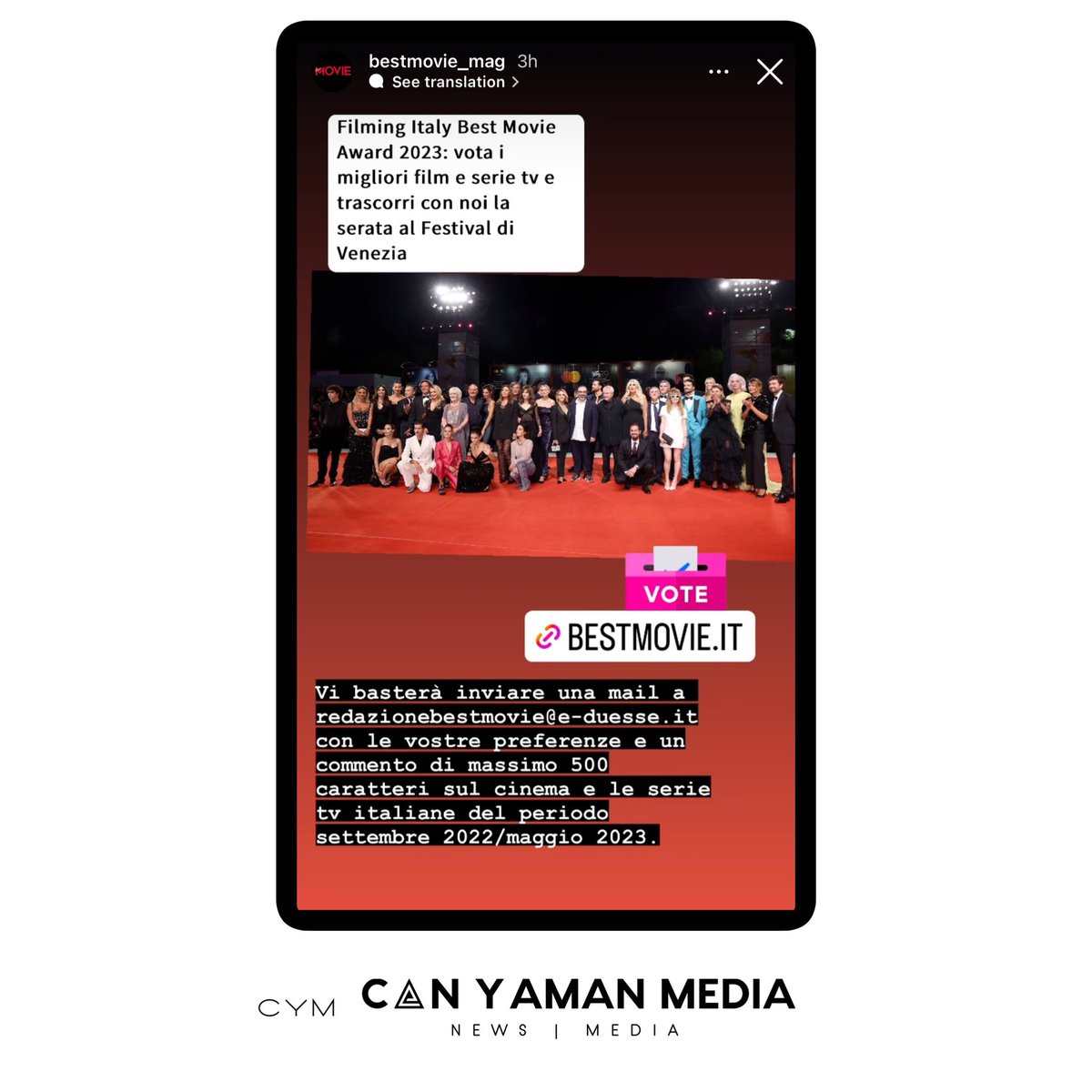 📌Bestmovie_mag IG Story 

#CanYaman 
#ViolaComeIlMare 

Filming Italy Best Movie Award 2023: vote for the best films, TV series and other categories and spend the evening with the magazine at the Venice Film Festival. 

Vote for films and TV series  broadcasted from September