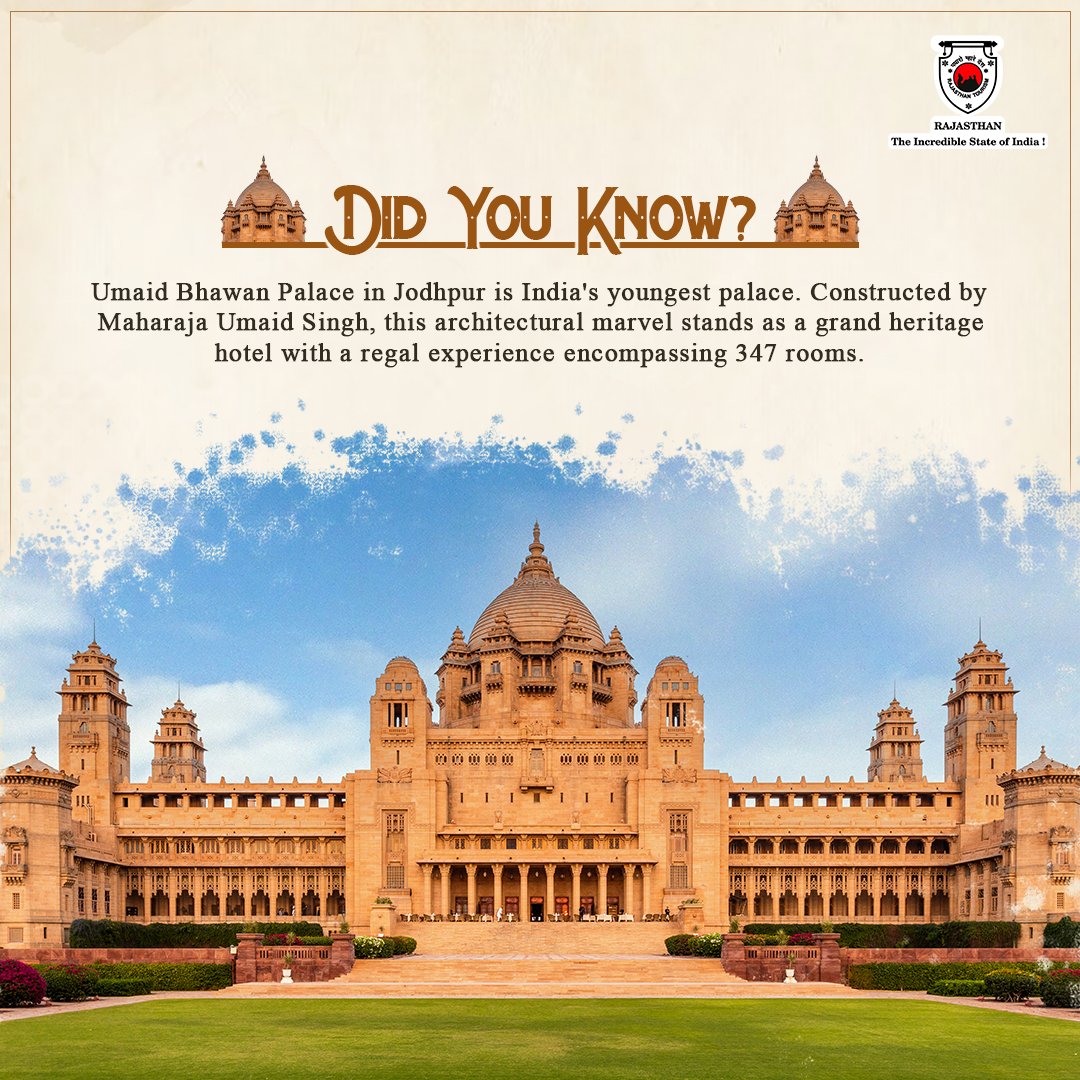 my_rajasthan's tweet photo. Umaid Bhawan Palace in Jodhpur is a magnificent architectural masterpiece. With its 347 rooms, it serves as a grand heritage hotel &amp; the primary residence of the former Jodhpur royal family. The palace houses a beautiful museum.

#DidYouKnow #Jodhpur #RajasthanTourism #Rajasthan https://t.co/HONi75ghh2