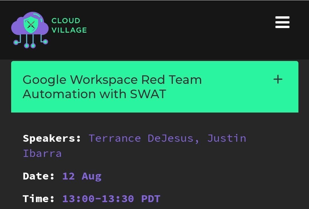 w00t! Come check us out at the <a href="/defcon/">DEF CON</a> <a href="/cloudvillage_dc/">Cloud Village</a>, where <a href="/_xDeJesus/">Terrance DeJesus</a> and I will be sharing a demo tool talk about emulating attacks on #GoogleWorkspace

#defcon31 #DetectionEngineering