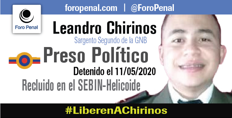 Leandro Chirinos, Sgto. Segundo GNB, privado de libertad con fines políticos desde el 11/05/2020.
#LiberenAChirinos
Venezuela