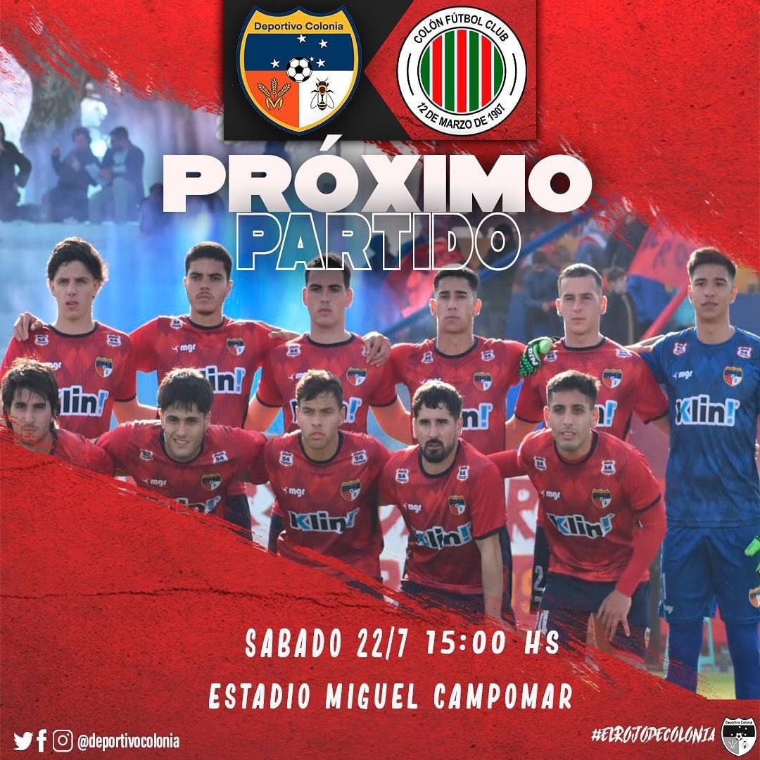 deporcolonia's tweet photo. 🔜Próximo partido

⚽️ Sábado 22 de Julio 
🕒 15:00 Horas 
🏟️ Miguel Campomar 
🆚 @colonfutbolclub 

🫡 Nos jugamos todo contra el puntero del grupo y tenemos que estar todos en nuestra casa.

🏡 Todos a alentar al Rojo De Colonia. 

#ElRojoDeColonia🚩 #TodosJuntos🚩 https://t.co/rhfOrZhpuz