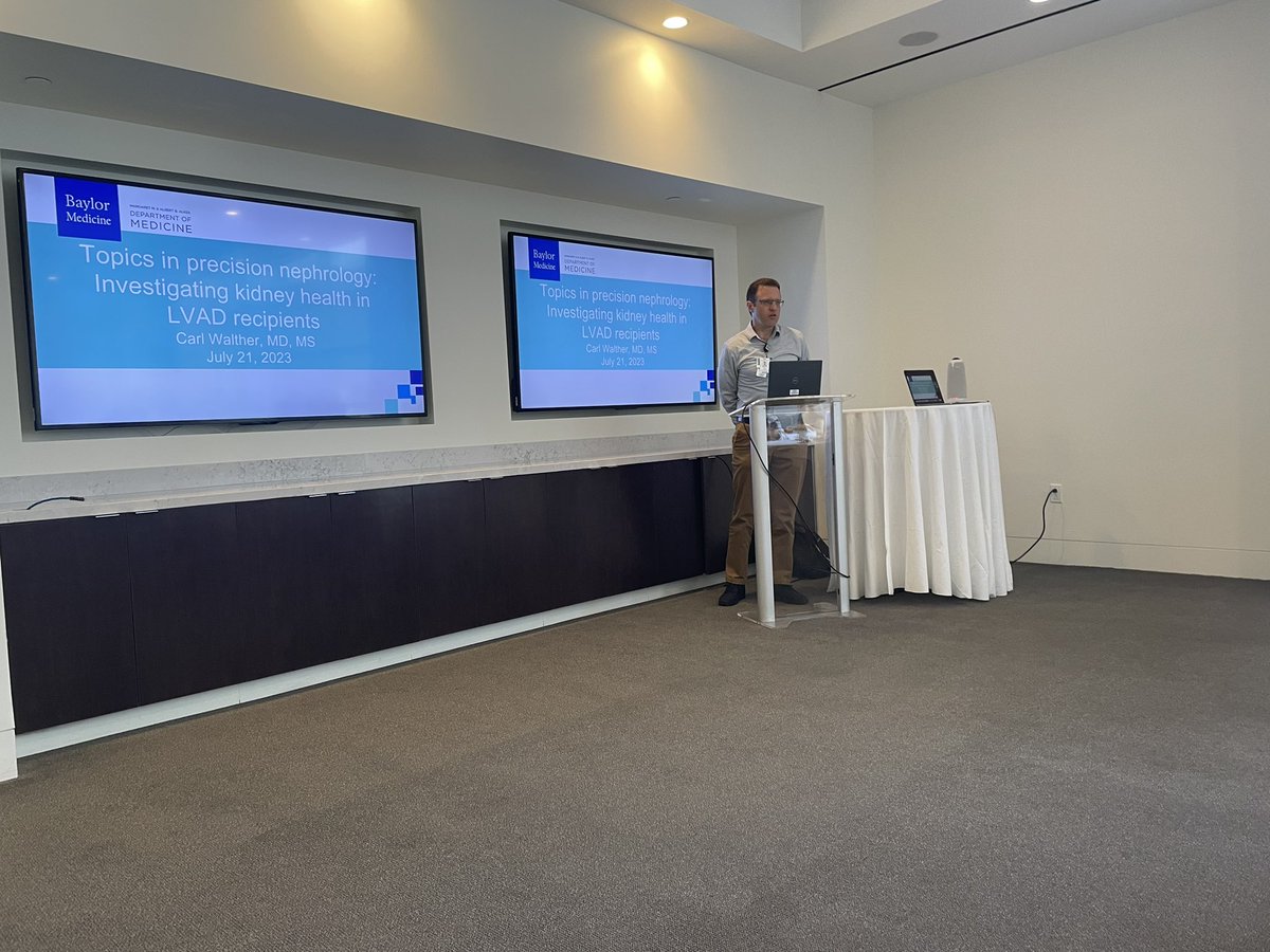 Dr. Carl Walthers from <a href="/NephBCM/">NephBCM</a> speaking at Bayou City Bean Club about applying precision medicine to pts w/ LVAD who often develop long term renal complications. Proteomics/metabolimics &amp; urinary exosomesmay tell us what is happening in the kidney. <a href="/Srmanday/">Sreedhar Mandayam</a> <a href="/farhaddanesh123/">Farhad Danesh</a>