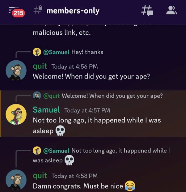 nft_dreww's tweet image. 🚩𝐒𝐎𝐂𝐈𝐀𝐋 𝐄𝐍𝐆𝐈𝐍𝐄𝐄𝐑𝐈𝐍𝐆 𝐈𝐍 𝐏𝐑𝐀𝐂𝐓𝐈𝐂𝐄🚩

🧵Meet Samuel, a verified holder of a MAYC that just joined the @BoredApeYC discord. Check out the thread below on how Samuel Social Engineered his way to potentially draining over $100K worth of MAYC &amp;amp; BAYC ⤵️