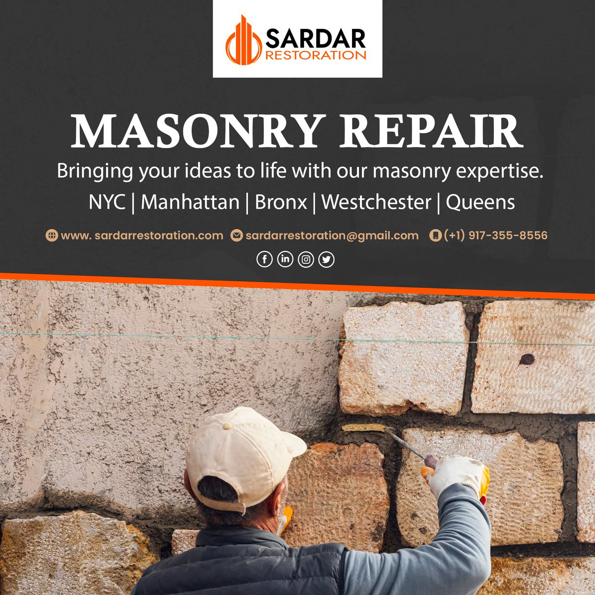 Looking for expert masonry services? 🧐

Look no further! Our team of skilled masons is ready to turn your vision into a stunning reality.

📞 +1 (917)-355-8556
📧 sardarrestoration@gmail.com

#MasonryRepair #MasonryExpert #BuildingUpgrades