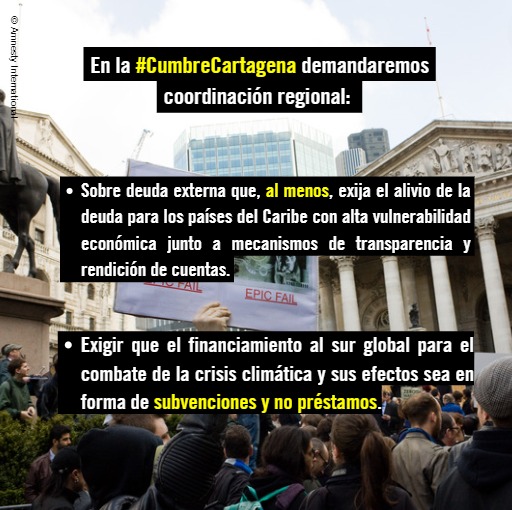 DeudaxClima's tweet image. En la #CumbreCartagena exigiremos junto a @AmnistiaOnline, @XRLatinoamerica y @FFF_Latam una posición común de todos los países de la región sobre la Deuda y financiamiento al Sur Global ante la crisis climática a través de subvenciones y no préstamos!

#LaDeudaEsConLosDerechos