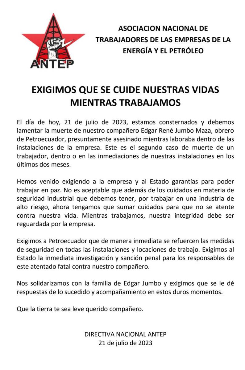 🏴 Consternación ante el fallecimiento de un trabajador petrolero, en su unidad gestión. Exigimos respuestas del Estado y la empresa nacional petrolera, sobre la seguridad con la que debemos contar. Qué su familia reciba el apoyo necesario.
🕊️ Paz en la tumba de Edgar Jumbo.