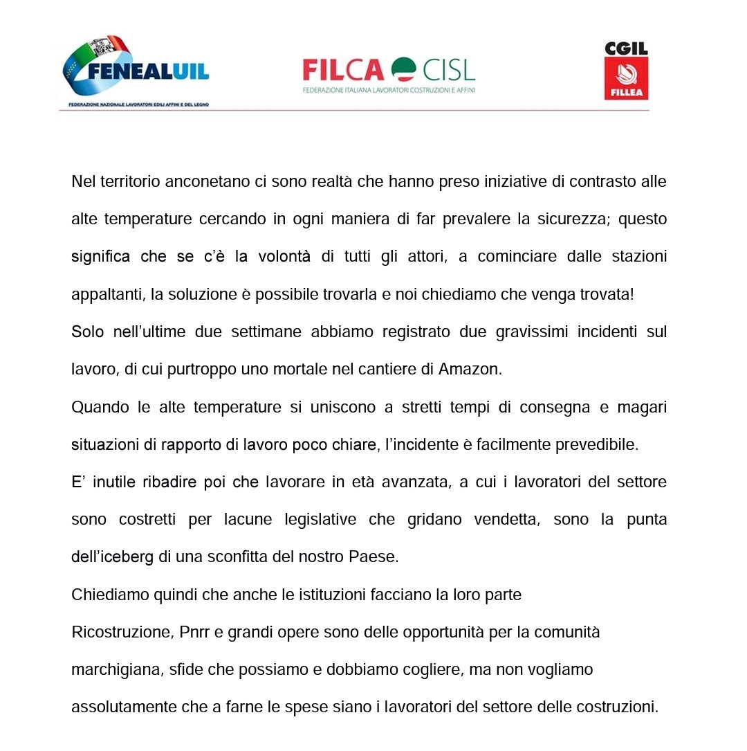 FilcaCislMarche's tweet photo. Oggi conferenza stampa Feneal Filca Fillea Ancona su emergenza #calura nei cantieri edili e rischi per la #salute dei lavoratori #edili "si deve intervenire su rimodulazione orario di lavoro, cigo per caldo e responsabilizzazione degli RSPP aziendali nel valutare i rischi" https://t.co/sXMzMLFTAN