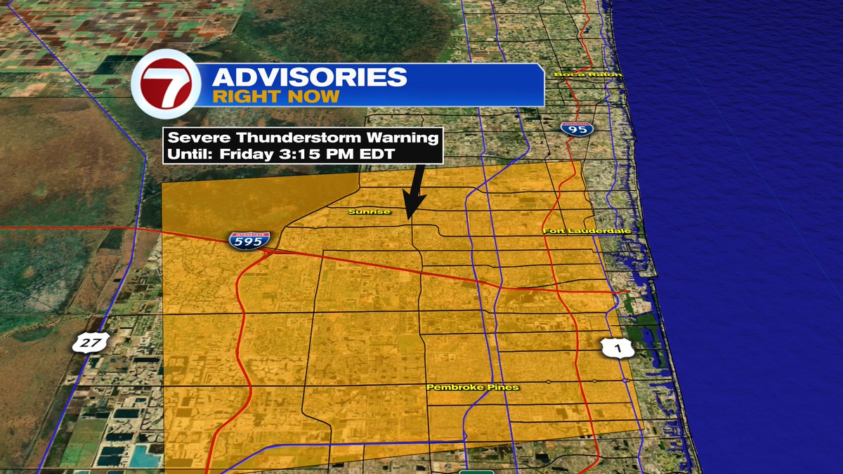 7Weather's tweet photo. A SEVERE THUNDERSTORM WARNING has been issued for the orange shaded areas of Broward until 3:15pm.   Storm near Davie capable of producing 60mph wind gusts and quarter size hail as it moves North. @wsvn https://t.co/rjcCxKozYv