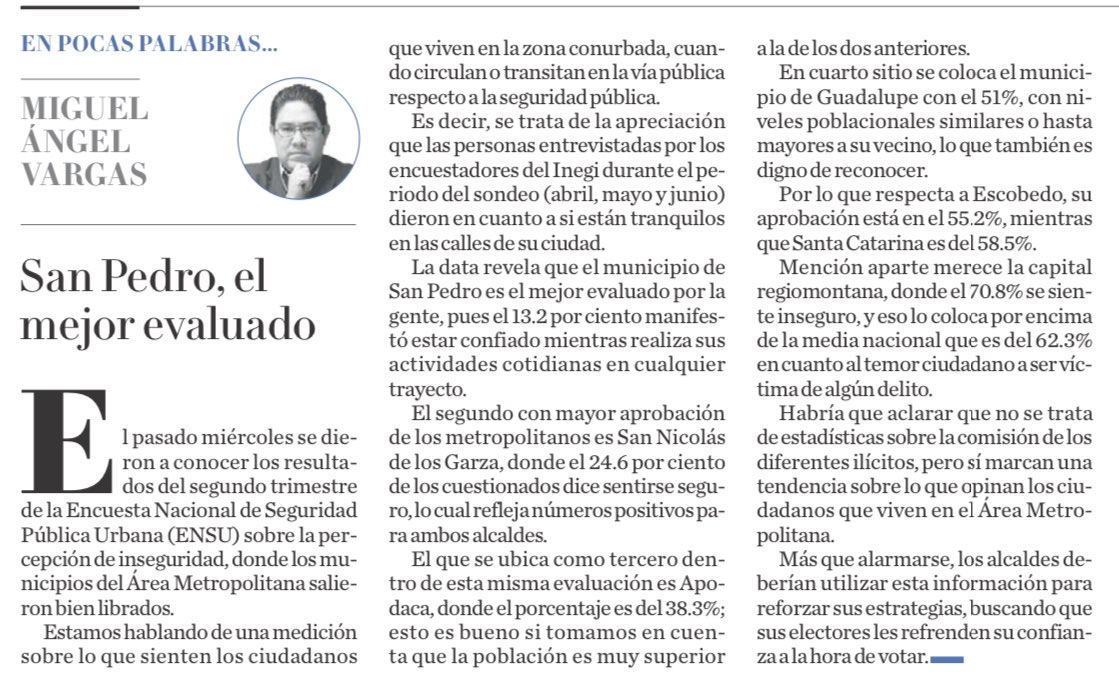miguelbtrevino's tweet photo. Como bien explica Miguel Ángel Vargas en @MilenioMty, la ENSU de @INEGI_INFORMA mide qué tan seguros se sienten los ciudadanos en su ciudad.

Y cuando un municipio como #SPGG lleva 4 años como el mejor evaluado, es porque esa percepción está fundada en una realidad sólida. https://t.co/2kGaLo4Xvn