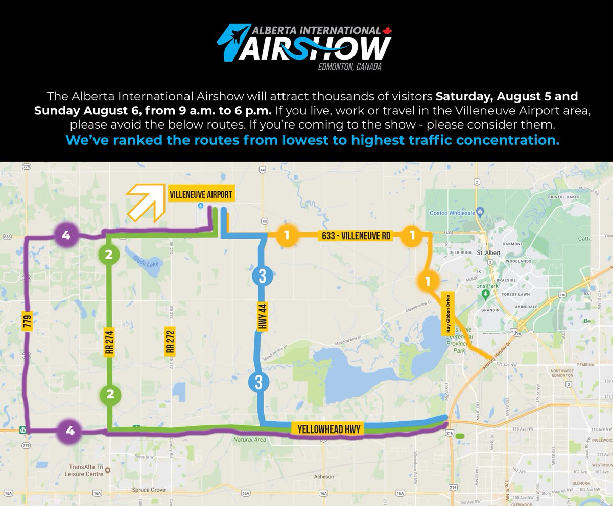 UPDATE

🛩️ Recommended Traffic Routes: 🚗 

Each year we strive to facilitate smooth arrivals and departures for all our valued guests. 🚐 

We highly recommend choosing different routes to the Villeneuve Airport. Please see the map for options. 🗺️ 

#abairshow