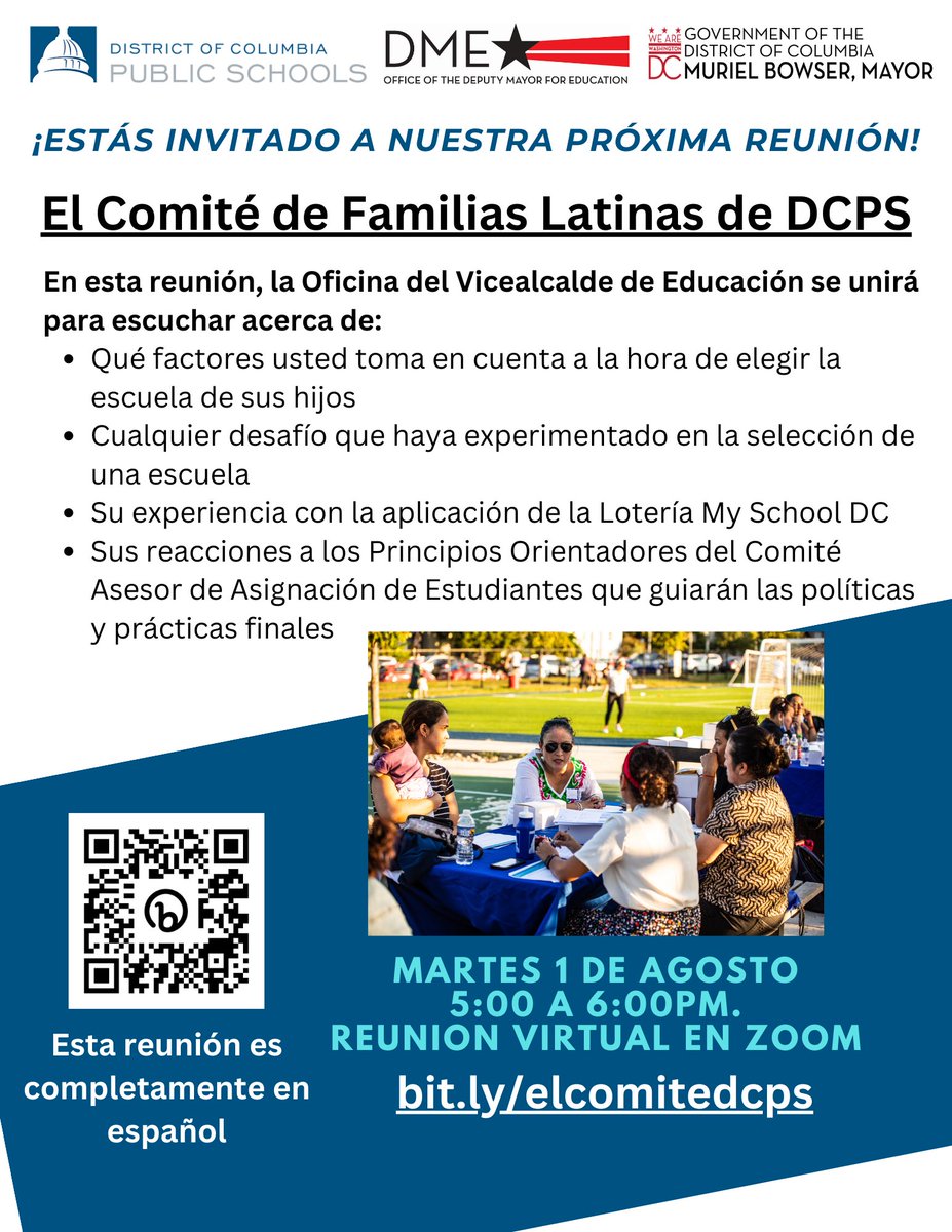 dcpublicschools's tweet photo. ¡Estás invitado a nuestra próxima reunión del Comité de Familias Latinas de DCPS! Nos vemos el martes 1 de agosto a las 5 p.m. en Zoom: https://t.co/AEROVl3aXg.

Reserva la fecha:

📅 1 de agosto
⏰ 5:00 p.m.
📍 Virtual (en Zoom) https://t.co/PhPdVSHRuN