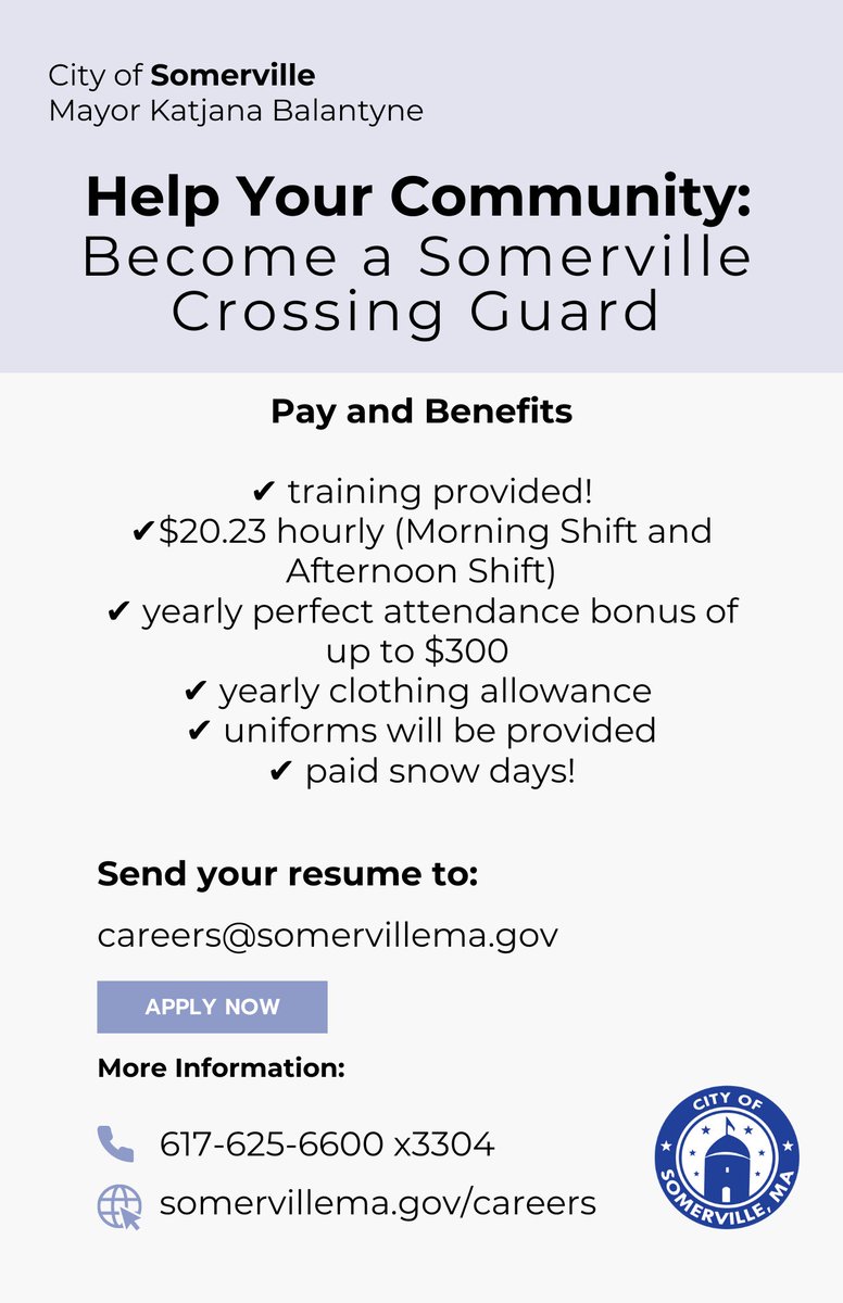 Somerville Schools (@svilleschools) on Twitter photo Become a crossing guard and help keep our students safe!
Training is provided, $20.23 / hour, perfect attendance bonus, clothing allowance, uniforms provided, and paid snow days.
Send your resume to careers@somervillema.gov or apply at Become a crossing guard and help keep our students safe!
Training is provided, $20.23 / hour, perfect attendance bonus, clothing allowance, uniforms provided, and paid snow days.
Send your resume to careers@somervillema.gov or apply at