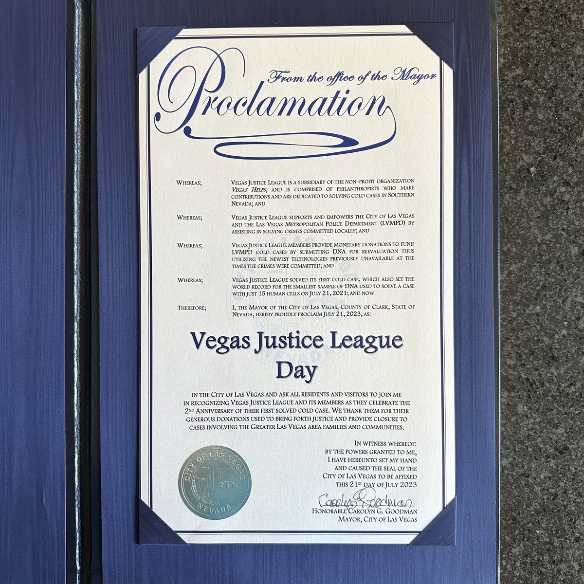 justinwoo's tweet photo. July 21 is now Vegas Justice League Day! Thanks to City of Las Vegas, City of Henderson and City of North Las Vegas #vegascommunity #lasvegas #vegasjusticeleague #coldcase https://t.co/cnjmKzH8a7