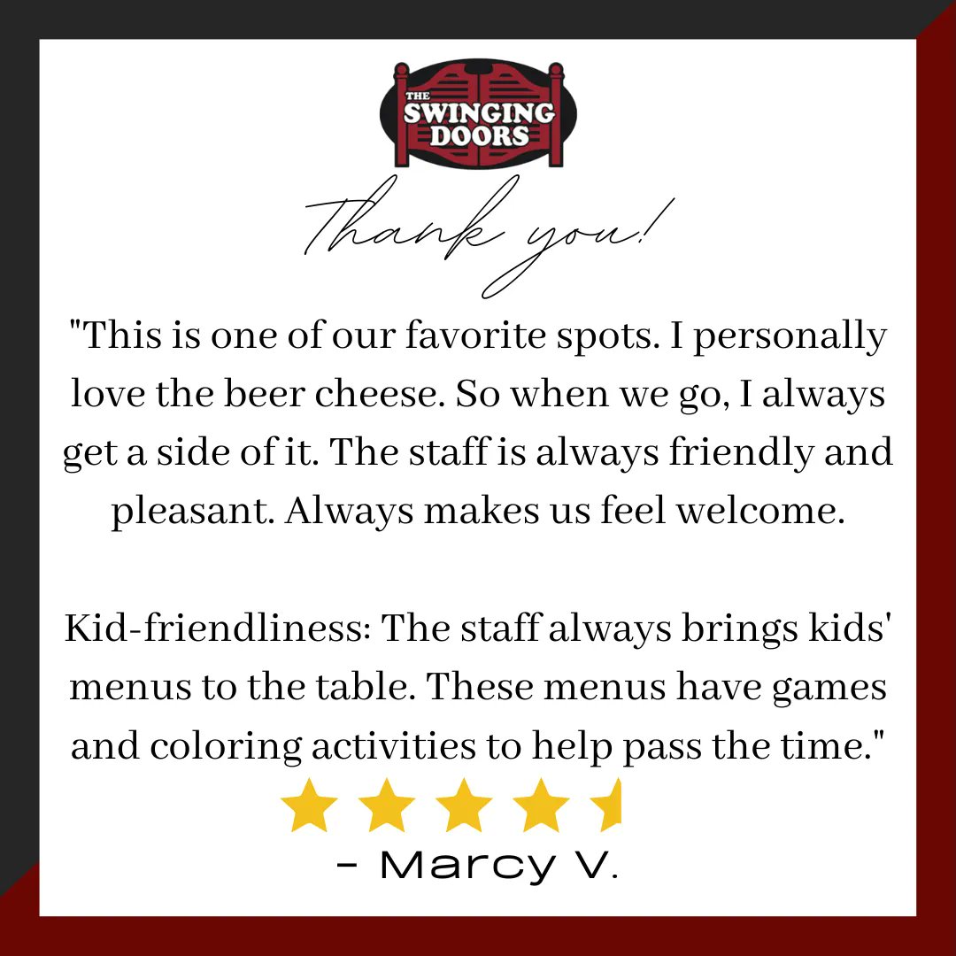 SwingingDoors1's tweet photo. Thank you, Marcy! We'll keep the beer cheese coming for you! We're glad you enjoy bringing your family to dine with us. Kids are always welcome! https://t.co/Kum4dtaZ4p