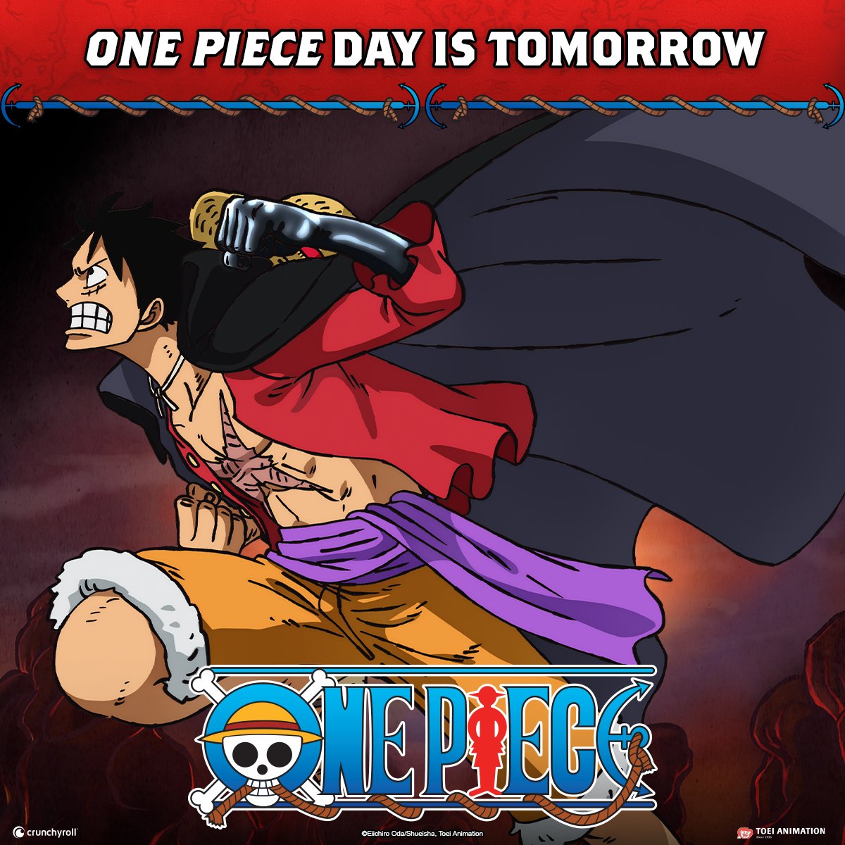 OnePieceAnime's tweet photo. We're celebrating One Piece Day, all day tomorrow! 🔥 Watch our socials for features, quizzes, and a whole lot of One Piece love. 

Use the hashtag #ONEPIECEDAY to show your One Piece appreciation 🏴‍☠️ https://t.co/qqaS7VlBvT