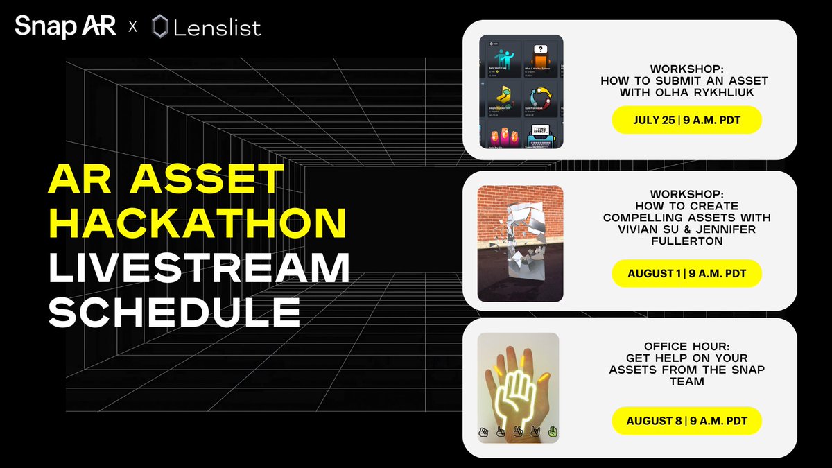 LensStudioDev's tweet photo. The AR #AssetHackathon is in full swing! We're offering workshops and office hours so that all participants can submit their best assets. Don't miss our first live stream July 25 for a step-by-step walkthrough on how to submit an asset: https://t.co/kiFH0GSEae https://t.co/xHzBCvOWJN