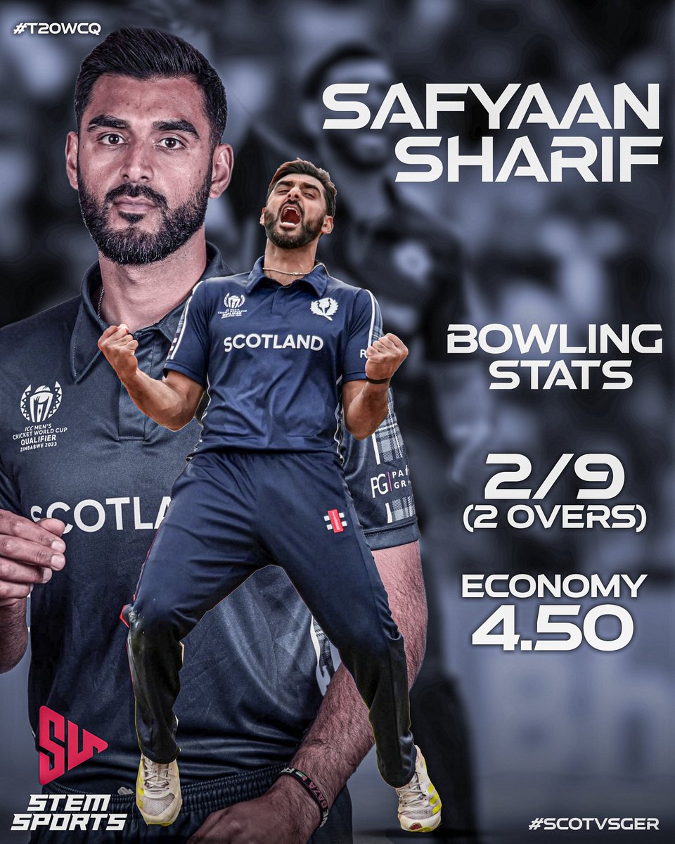 Stemsports1's tweet photo. Well Bowled Safyaan Sharif👌
▶Bowling Stats: 2/9 (2 overs)
▶Economy:4.50
#Cricket #Cricketfans #SafyaanSharif #T20WCQ #SS50 #Scotland #StemSports https://t.co/9MVy3AmiO4