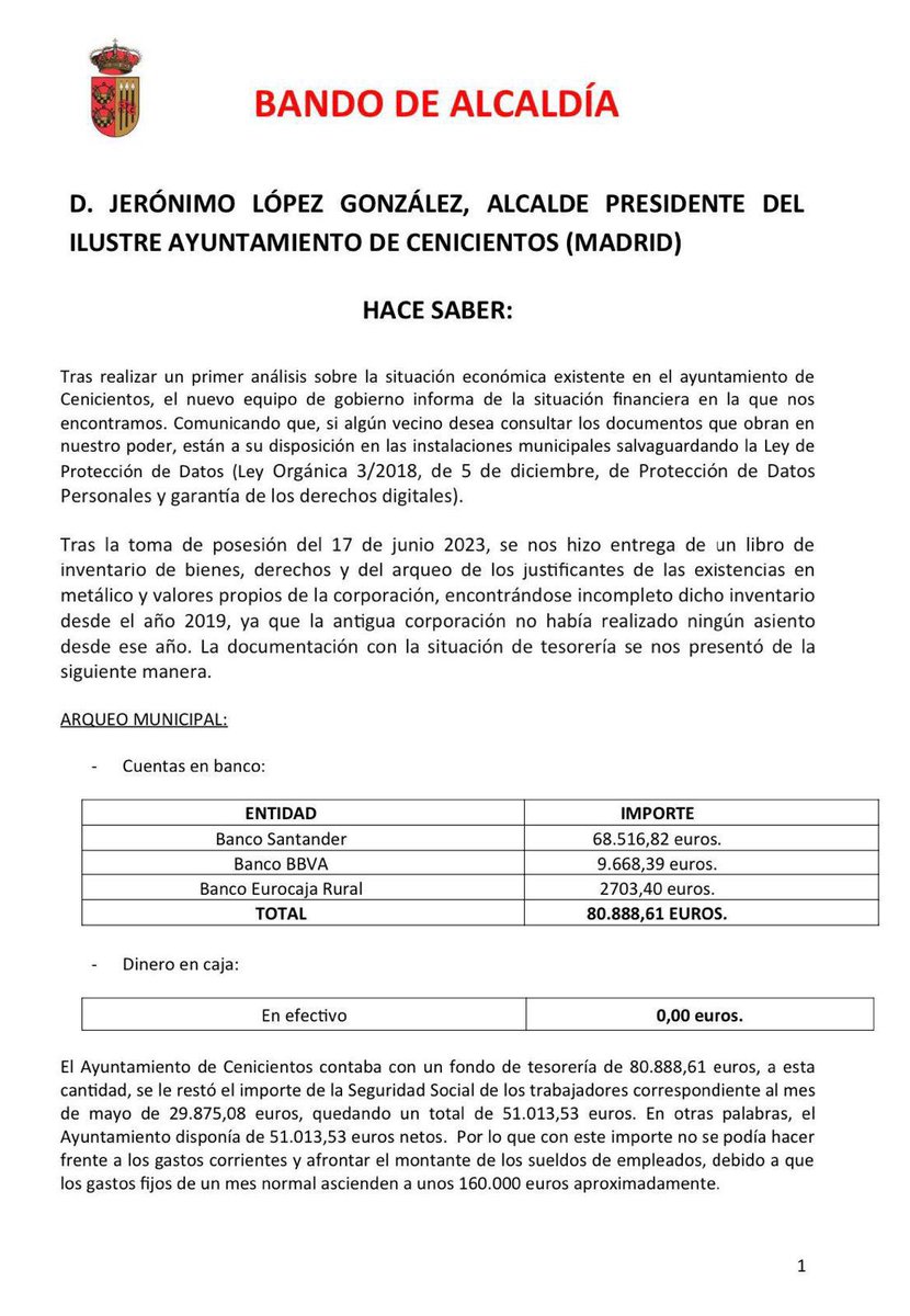 PPCenicientos's tweet photo. BANDO MUNICIPAL. 

Las cuentas claras https://t.co/5oIwaj3D70