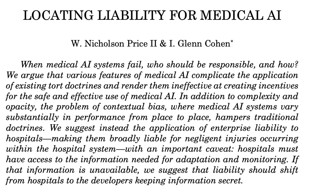 Nicholson Price (@nicholson@mastodon.lawprofs.org) (@wnicholsonprice) on Twitter photo When AI is used in medicine, things will go wrong & patients will get hurt.
(Just like without AI! Hopefully less!)
Who should be liable?
<a href="/CohenProf/">I. Glenn Cohen</a> & I have thoughts at ssrn.com/abstract=45177…, forthcoming DePaul L Rev. Comments welcome!
#MedicalAI #Tort #AI #HealthLaw When AI is used in medicine, things will go wrong & patients will get hurt.
(Just like without AI! Hopefully less!)
Who should be liable?
<a href="/CohenProf/">I. Glenn Cohen</a> & I have thoughts at ssrn.com/abstract=45177…, forthcoming DePaul L Rev. Comments welcome!
#MedicalAI #Tort #AI #HealthLaw