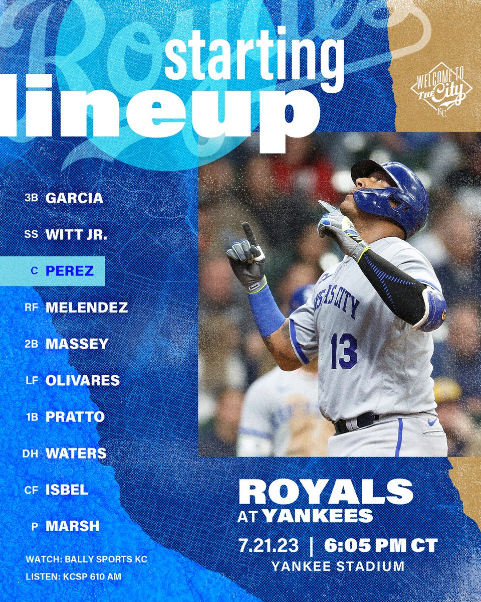 Royals's tweet photo. Here's how we're taking the field behind Alec Marsh as we open the road trip with a visit to the Bronx to take on the Yankees.

#WelcomeToTheCity https://t.co/miLgq0NYCO