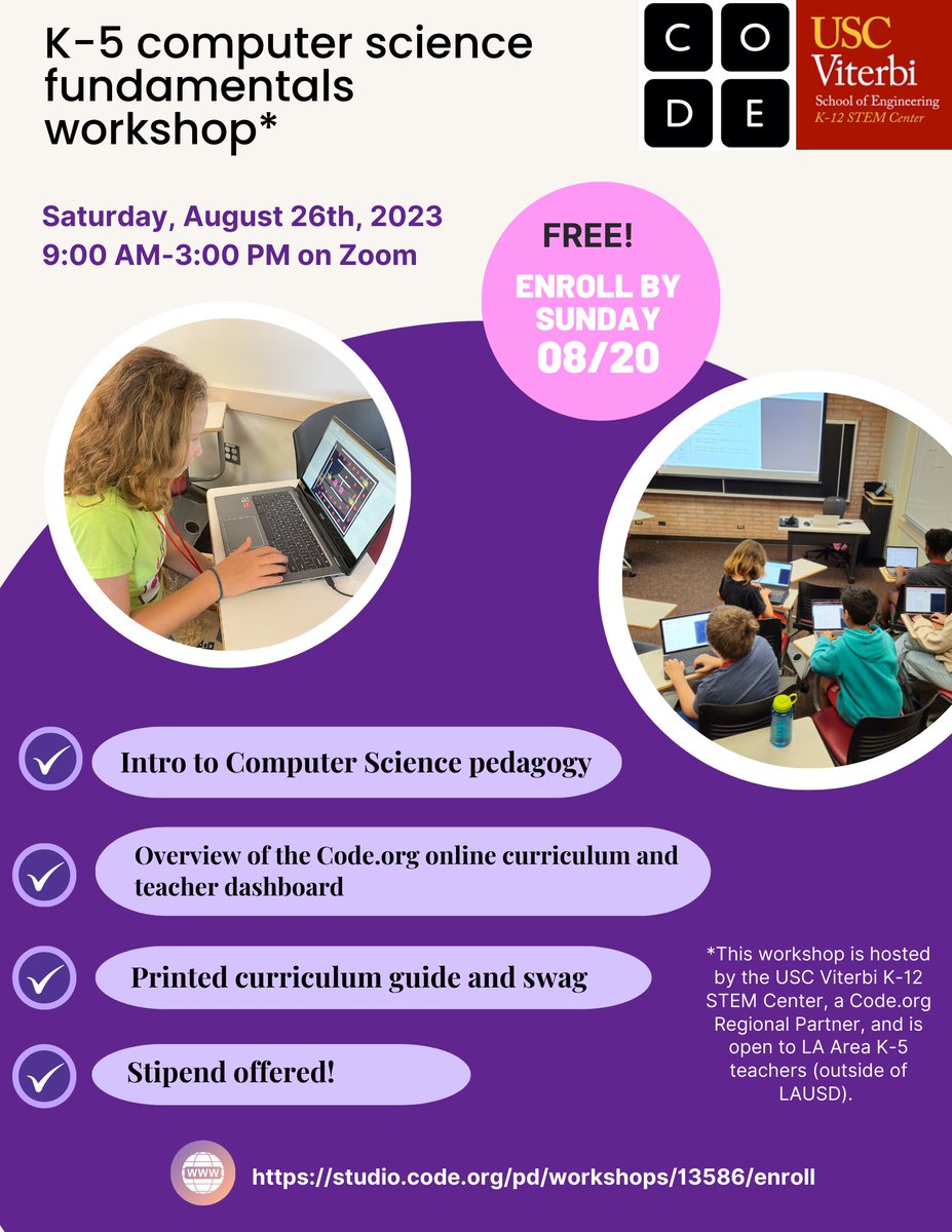 Calling all K-5 Educators! We are offering free computer science workshop classes - Sign up today. We will be taking enrollment until August 20. #STEMeducation #schoolteachers #scienceteachers #stemforkids #sciencelearning