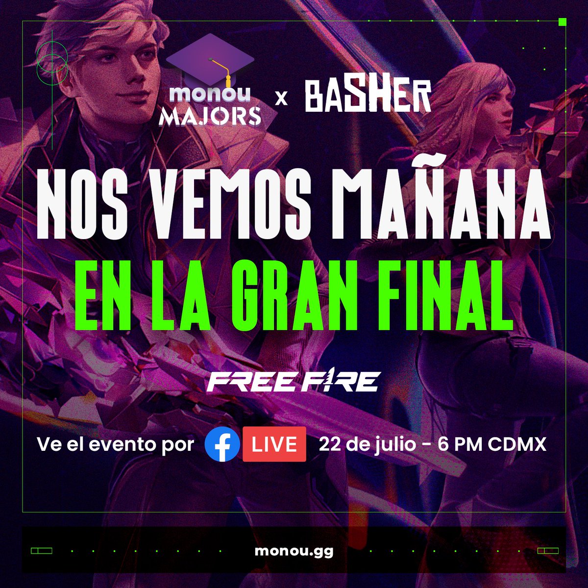 Monougg's tweet image. ¡Llegó la gran final! 🔥

Mañana conoceremos al flamante campeón de Free Fire de #MonouMajors 🎓

#Basher te invita a mirar el main event este sábado 22 a partir de las 6:00 pm por FB Live. 📺

¡No te lo pierdas! 👀

@MITZU_CORP  #WelcomeToTheJungle #Gaming #eSports #FreeFire