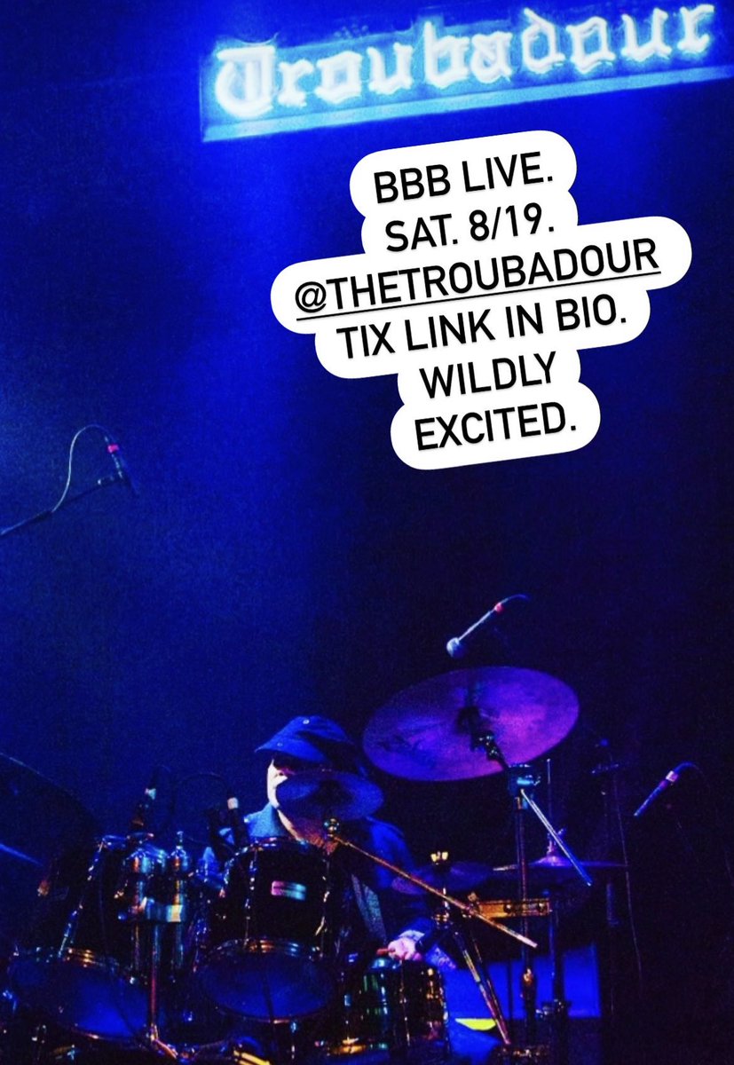 followBBB's tweet photo. BBB Live.
8/19 - Saturday.
@theTroubadour 
Tix link in bio.
Come join us!! https://t.co/Cj2xUwURnD