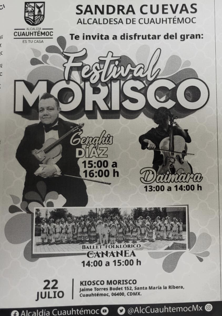 Es un gusto para mí invitarlos el día de mañana a las 15:00 horas en el Kiosko Morisco en Santa María la Rivera para el “Festival Morisco” que daría inicio a partir de las 13:00 horas. Muchas gracias a la alcaldía Cuauthemoc y a la alcaldesa @SandraCuevas_ por la invitación.