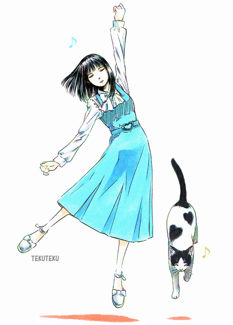 1girl dancing dress cat closed eyes black hair blue dress  illustration images