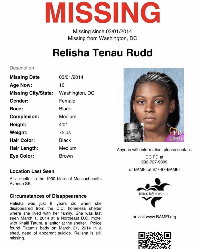 Relisha Rudd missing since 2014 from the D.C. area

Last seen on 3/1/2014 at a motel with the janitor of the homeless shelter she and her family were staying at. Janitor killed himself on or around 3/31/2014…
#RelishaRudd #missing #missingblackgirls