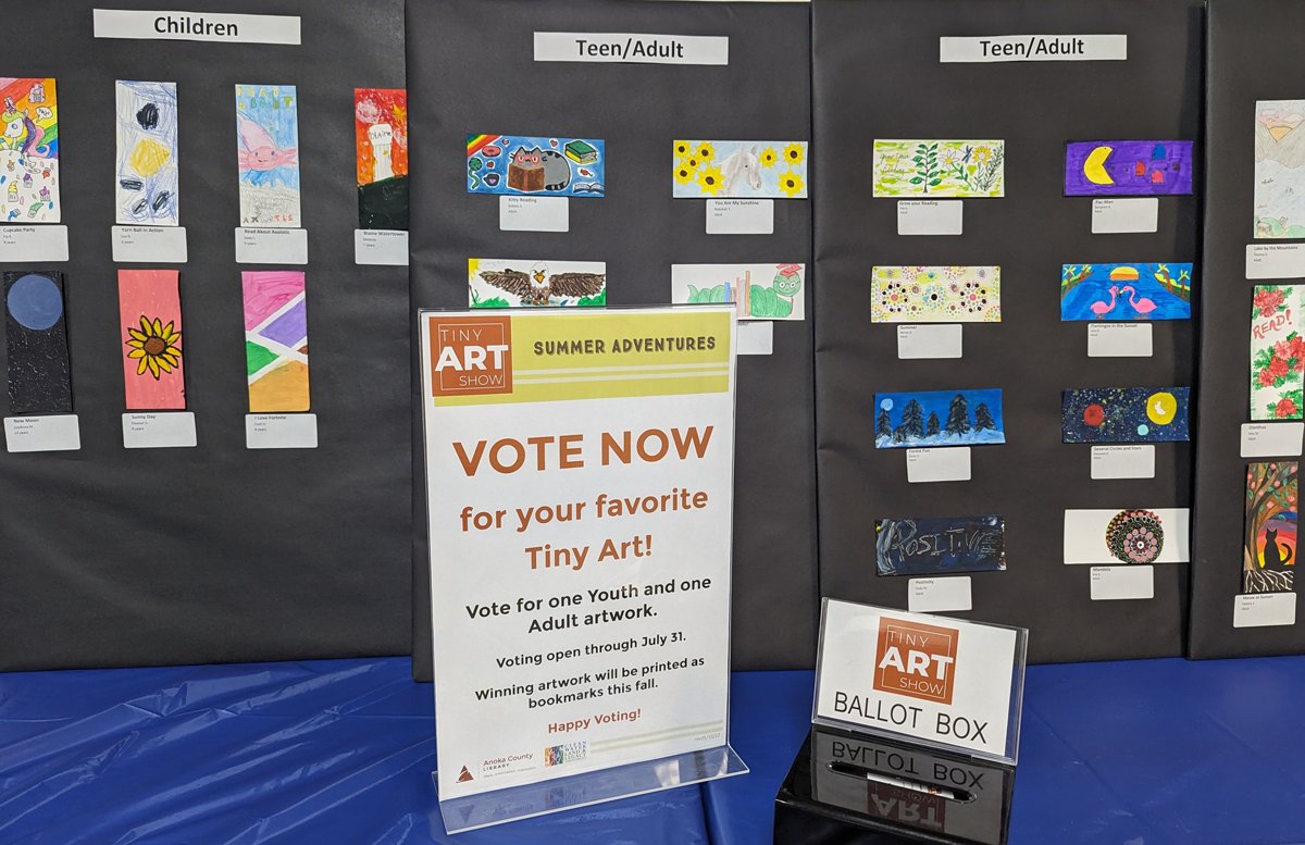 AnokaCoLibrary's tweet image. Remember to vote for your Tiny Art favorites by 7/31 on display at all Anoka County Libraries. Each branch will have 2 winners: teen/adult &amp;amp; kids, 16 winning designs will be turned into limited edition bookmarks - available this fall. #TinyArt, #ACLSummerAdventures