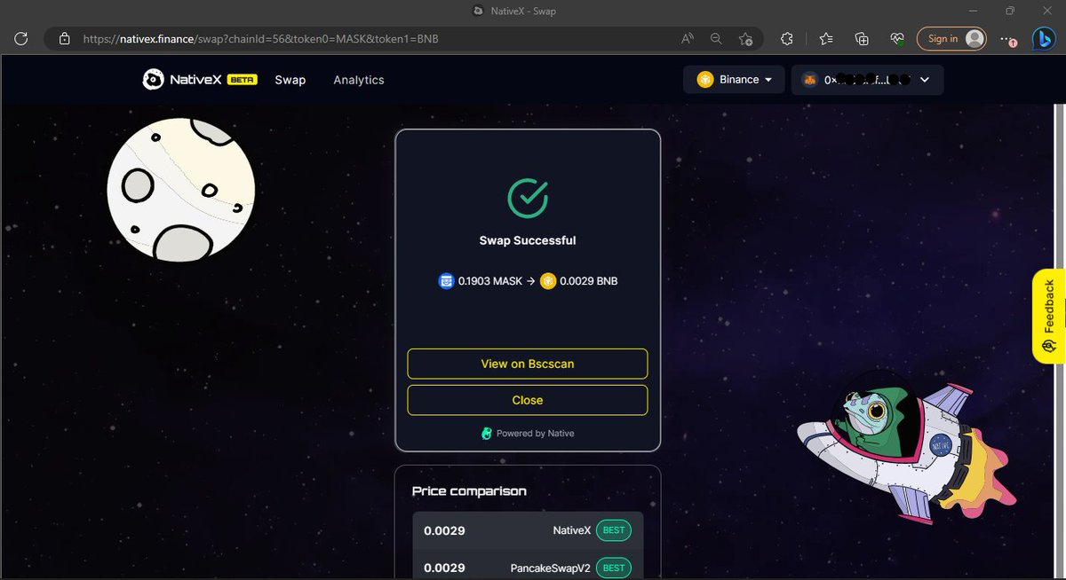 TheRealNesfield's tweet image. I just performed a transaction on @NativeX_fi and it was so smooth and fast.😲

Really love the price comparison feature on the #DEX as it helped me picked the best available price for the swap I attempted and yeah #NativeX came out top.🚀
Try it out now@ nativex.finance