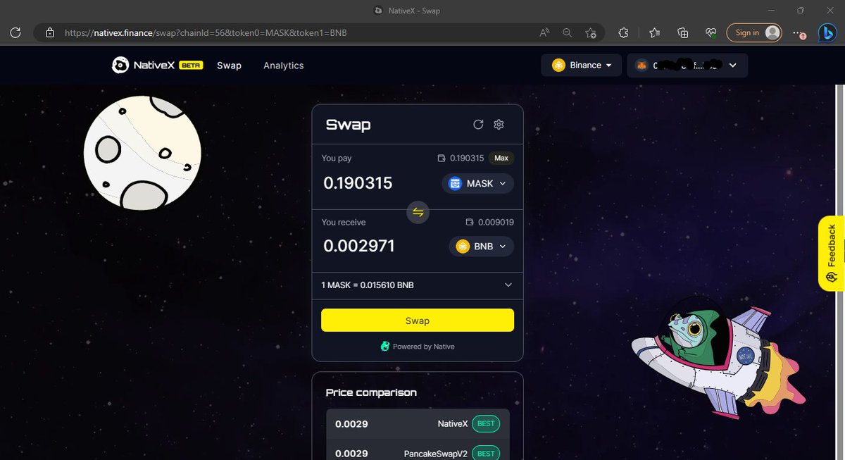 TheRealNesfield's tweet image. I just performed a transaction on @NativeX_fi and it was so smooth and fast.😲

Really love the price comparison feature on the #DEX as it helped me picked the best available price for the swap I attempted and yeah #NativeX came out top.🚀
Try it out now@ nativex.finance