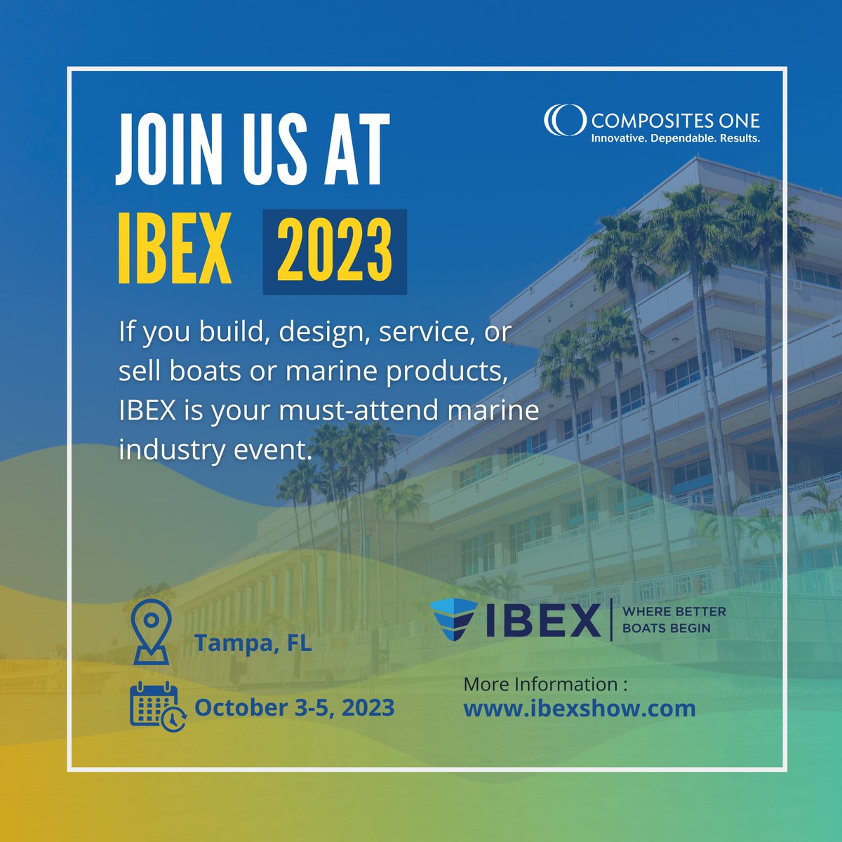 compositesone's tweet photo. Registration is open for #IBEX23! @IBEXShow is North America’s largest technical trade event for #marine industry professionals. Join us in Tampa, FL, Oct 3-5. Learn more and register using promo code 119673 at: https://t.co/BdmvDgZ849 #CompositesOne #Aerovac #Innovation #boats https://t.co/mbCtMk1Ner