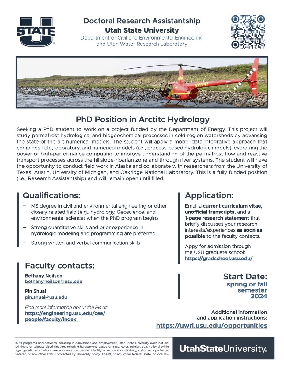 Interested in Arctic Hydrology? Check out this awesome PhD position at USU. <a href="/USUWaterLab/">Utah Water Research Laboratory</a> <a href="/hydrosci/">Hydrologic Science</a> <a href="/YHS_jobs/">Hydrology Opportunities</a> <a href="/AGU_H3S/">AGU Hydrology H3S</a> <a href="/joshswaterjobs/">Josh's Water Jobs</a>  <a href="/CUAHSI/">CUAHSI</a>