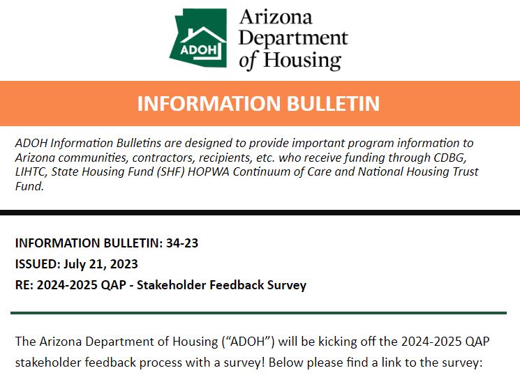 AZ Dept of Housing (@azhousing) on Twitter photo We want to hear from you! For the first time in agency history, ADOH is providing housing stakeholders a survey to solicit feedback on our Qualified Allocation Plan (tax credit manual). They'll be more opps for feedback, but you can take the survey here: bit.ly/3Y4CcxN We want to hear from you! For the first time in agency history, ADOH is providing housing stakeholders a survey to solicit feedback on our Qualified Allocation Plan (tax credit manual). They'll be more opps for feedback, but you can take the survey here: bit.ly/3Y4CcxN