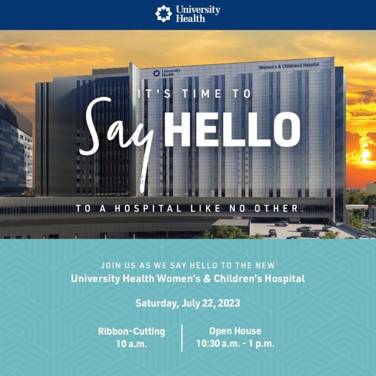 Say Hello to the new Women's and Children's Hospital! Tomorrow, July 22nd, join <a href="/univhealthsa/">University Health</a> as they welcome their latest facility in the Medical Center. The ribbon-cutting ceremony will begin at 10 AM followed by the open house. To learn more, visit universityhealth.com/SayHello 👋