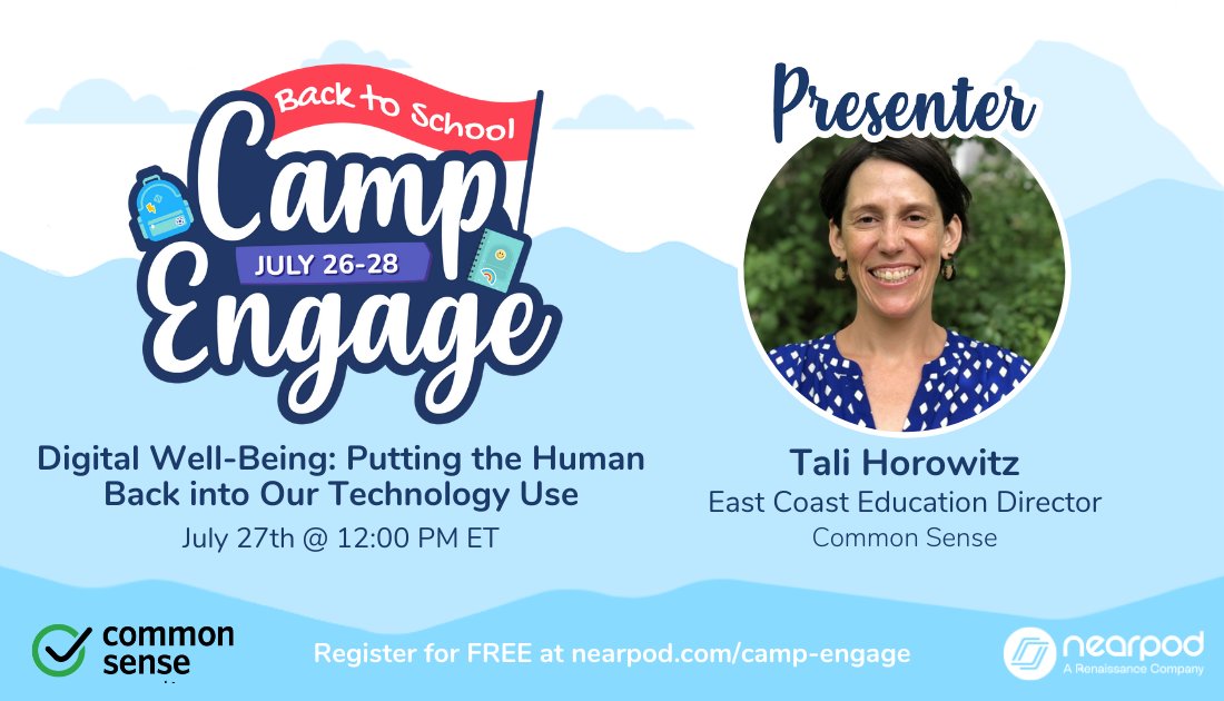 CommonSenseEd's tweet image. Join East Coast Education Director Tali Horowitz (@TaliCSM) as she takes part in @Nearpod&apos;s #CampEngage - she&apos;ll be discussing &quot;Digital Well-Being: Putting the Human Back into Our Technology Use&quot; on 7/27 at 12pm EST! 

Register at: events.nearpod.com/camp-engage

#CommonSensePD