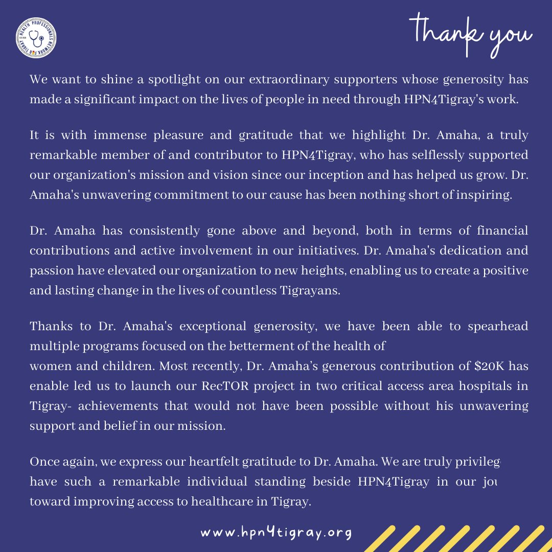 HPN4Tigray's tweet photo. For our first of many 'Friday Force For Good' posts spotlighting HPN4Tigray's amazing members and supporters, we present Dr. Amha, an exceptional individual who embodies dedication and kindness!
#FridayForce4Good https://t.co/TNFcSz58MK