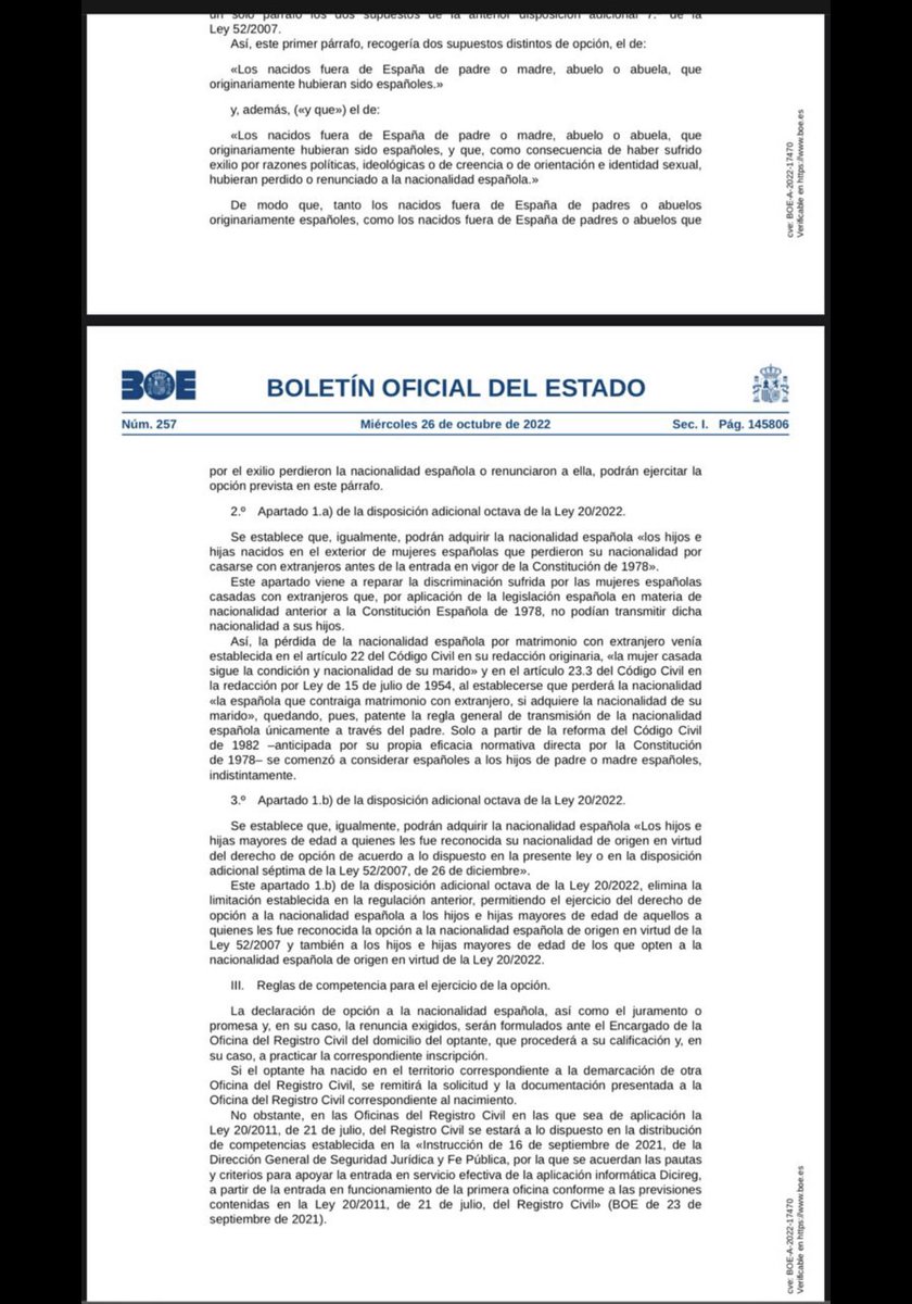 democratica2023's tweet photo. El RCC hace caso omiso al BOE Núm. 257 de fecha 26 Oct de 2023 del @justiciagob donde se establece que por LMD 20/2022 podrán ejercitar la nacionalidad española los nacidos fuera de España de padres o abuelos  originariamente españoles. Inconcebible @aifosan https://t.co/lan78f5Gas