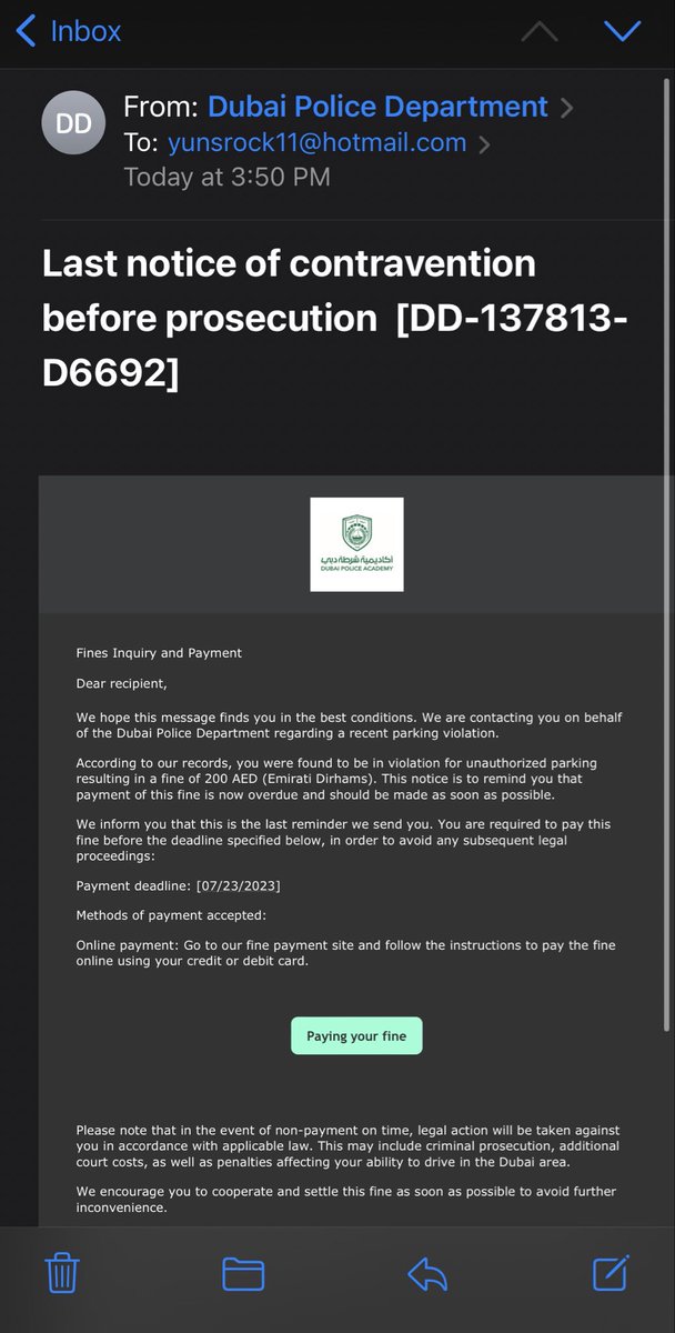 Yunu07's tweet photo. @DubaiPoliceHQ  Got the below msg through following ID’s - info@octappush.com &amp; account@egalvanic.com, I have never been to Dubai and suprised to see email to pay fine. https://t.co/bUrvxI8m2W