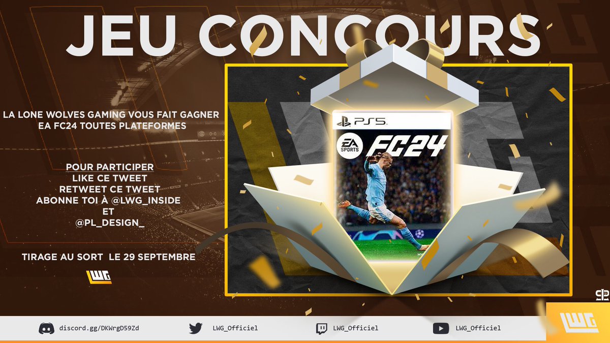 🎁 | JEU CONCOURS 
🚨 | EA Sports FC 24 

❤️- Like 
🔁- Retweet
📲- Follow <a href="/LWG_Inside/">𝗟one Wolves Gaming</a> 
                   &amp; <a href="/PL_Design_/">P&L Design</a> 

☎️ | TIRAGE AU SORT:
          29/09

#Concours #eSports #LWG_Inside 🐺