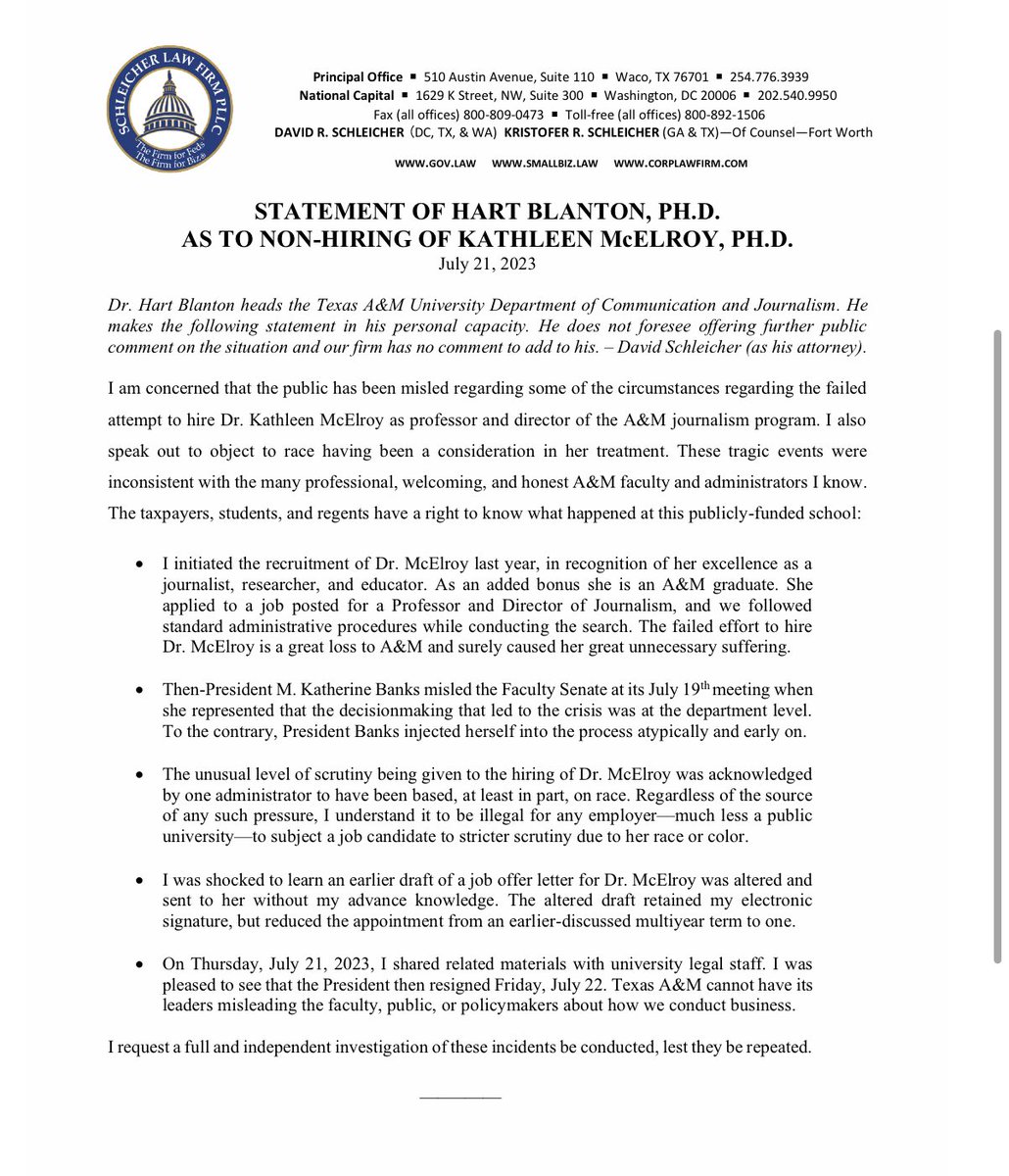 New: The head of the Journalism department at Texas A&amp;M says Kathy Banks misled the faculty senate in their meeting about her involvement in McElroys hiring, saying she interjected herself in the process atypically.