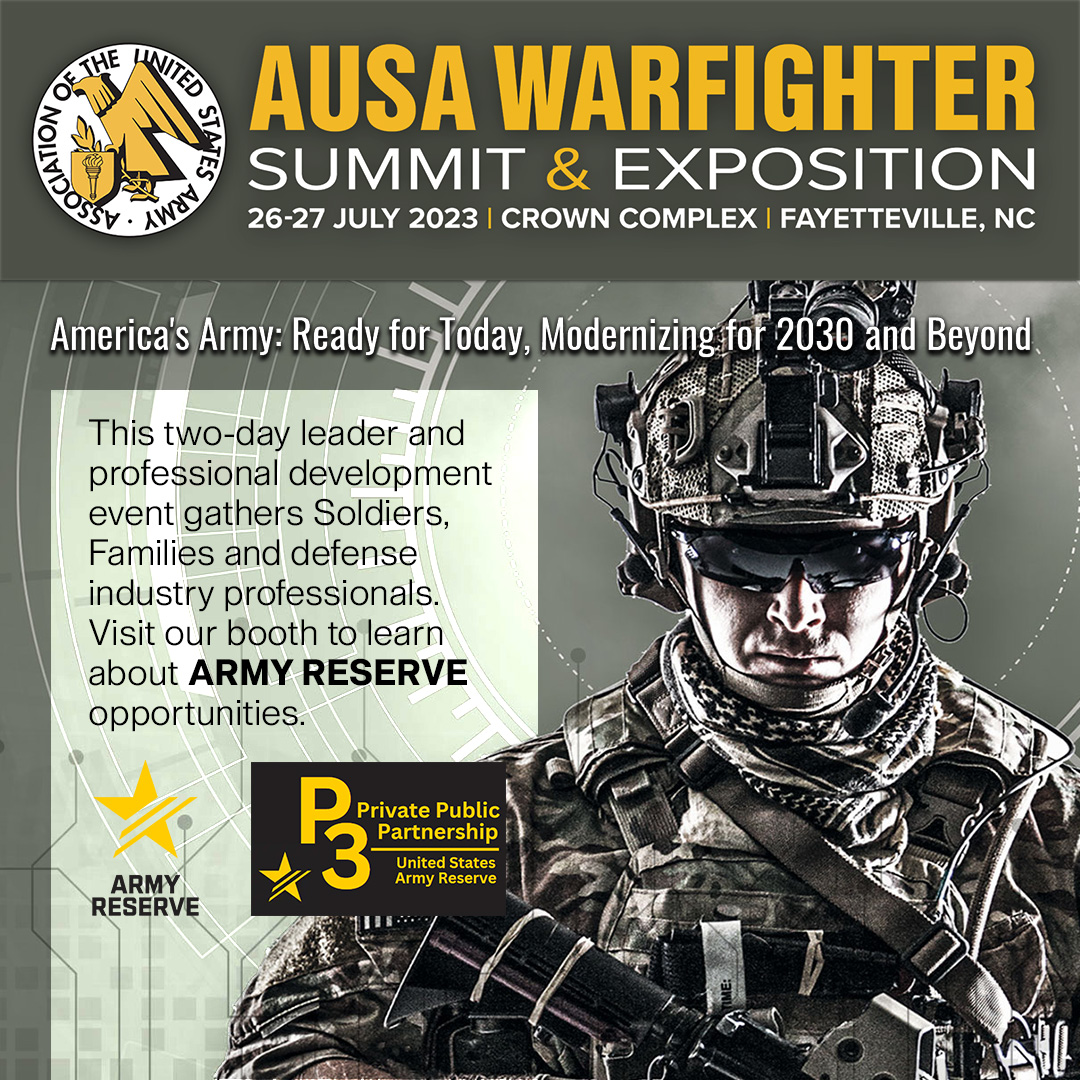 USArmyReserve's tweet photo. Register for the AUSA Warfighter Summit and Exposition!

The event is scheduled for July 26–27 at the Crown Complex near Fort Bragg, North Carolina

Register by visiting the link below:

https://t.co/IyX4JFlWxt

We will see you there!

#ausa #soldier #army #usa #armyreserve https://t.co/Oh8QcwBLFV