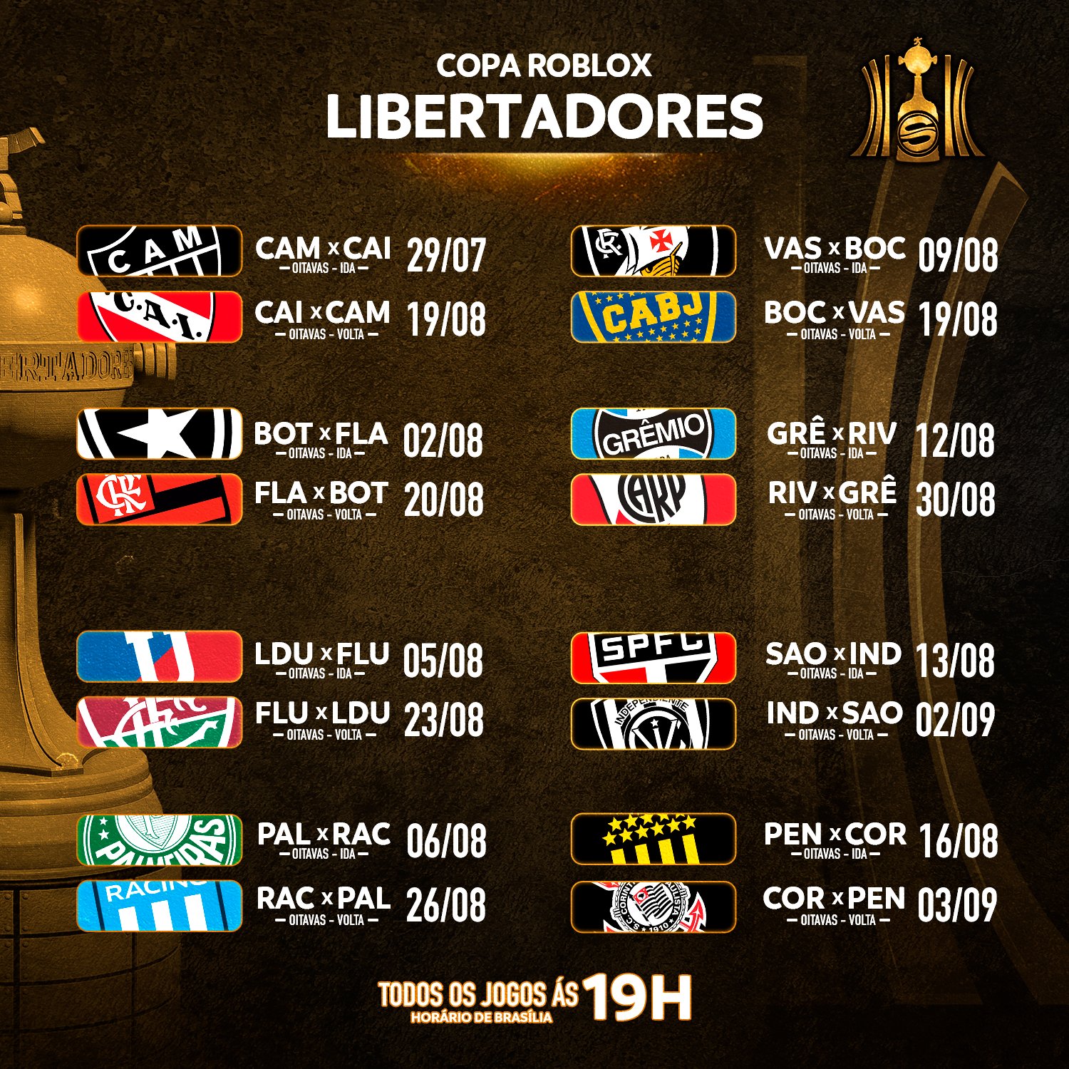 Como prometido, os horários e datas dos jogos das quartas da Copa  Libertadores de Roblox : r/futebol